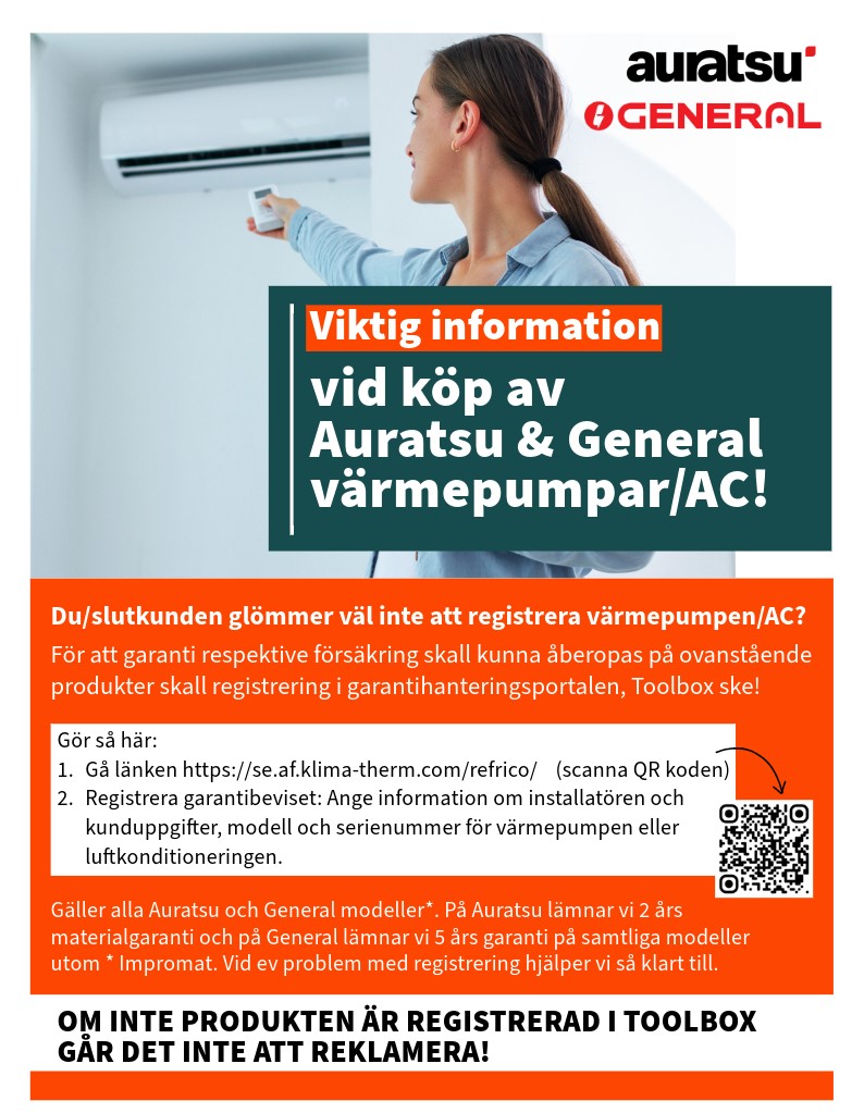 Viktig info registrera din Auratsu / General v&auml;rmepump